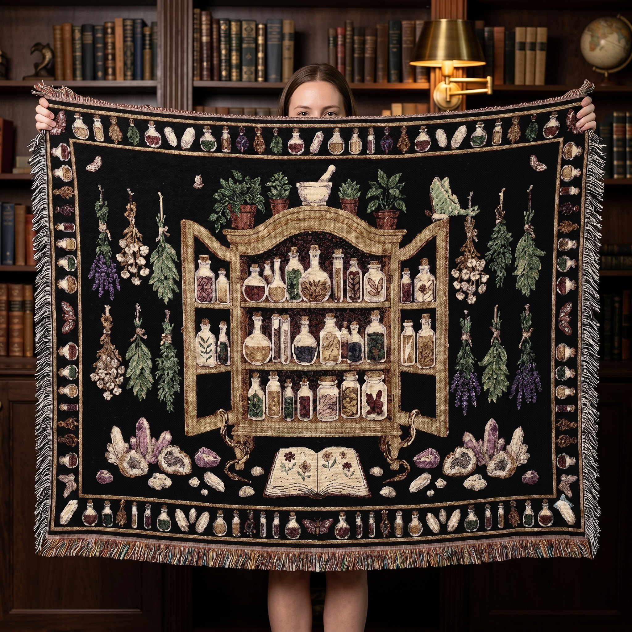 Apothecary Cabinet woven throw blanket featuring vintage bottles, hanging herbs, and an open grimoire — cottagecore witchy decor