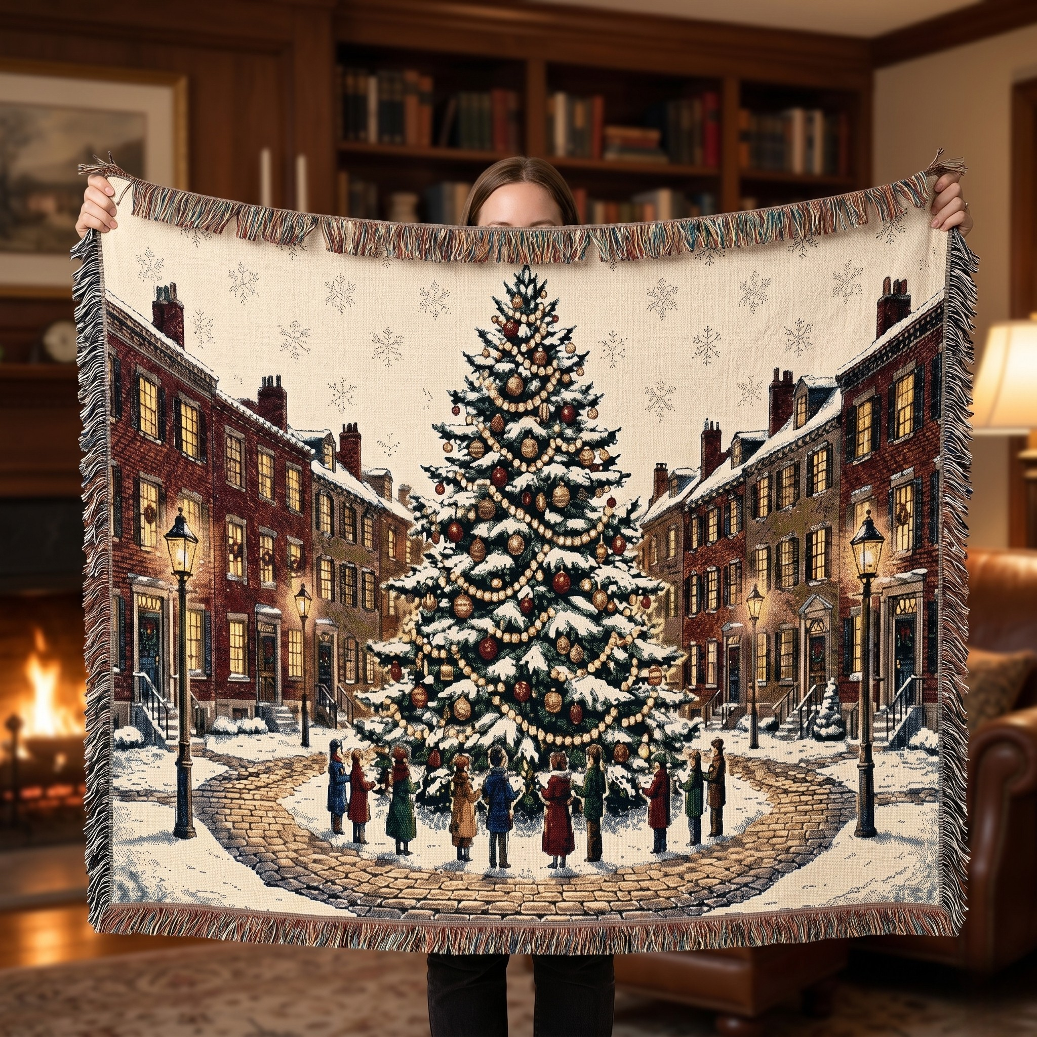Christmas Tree Town Square woven throw blanket featuring a glowing Boston town square, cobblestone streets, and lamp-lit row houses in falling snow