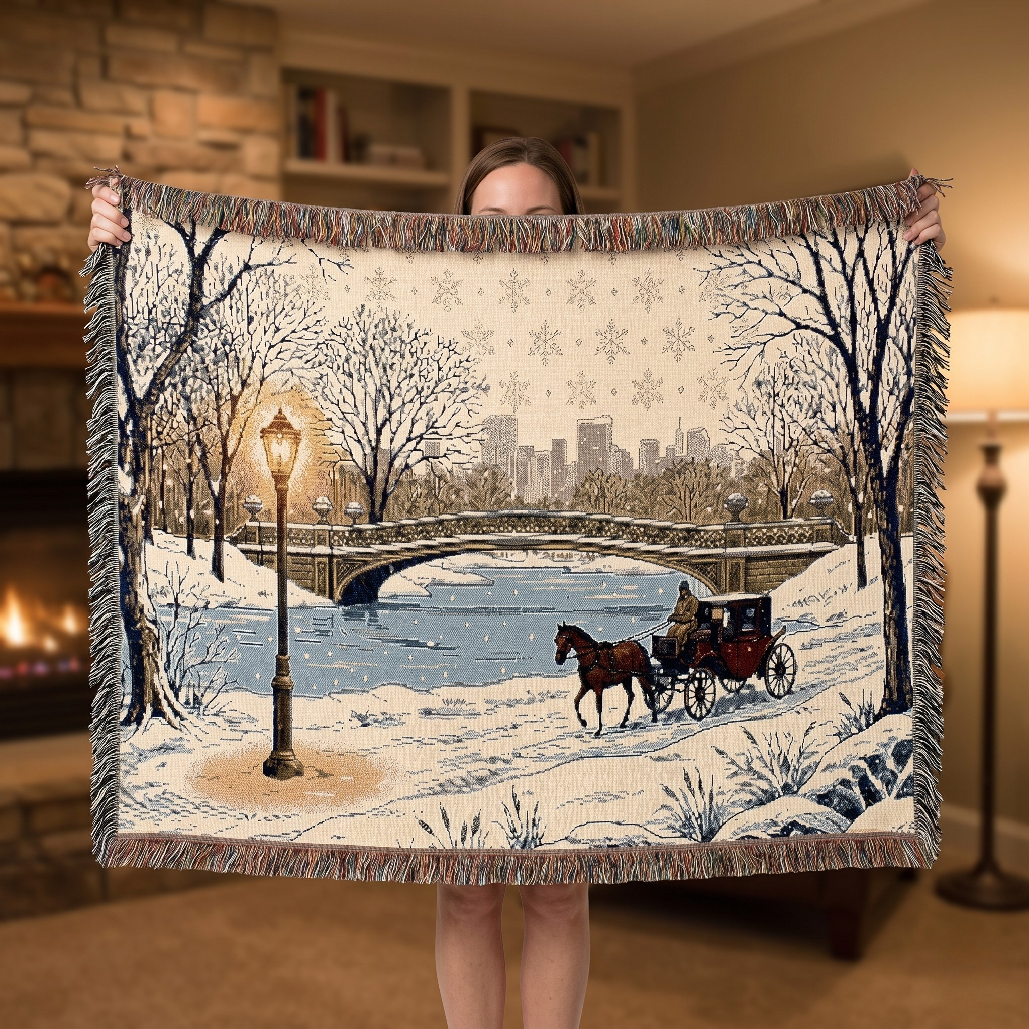 Victorian horse-drawn carriage woven throw blanket featuring a Central Park winter scene with gaslit streets and falling snow