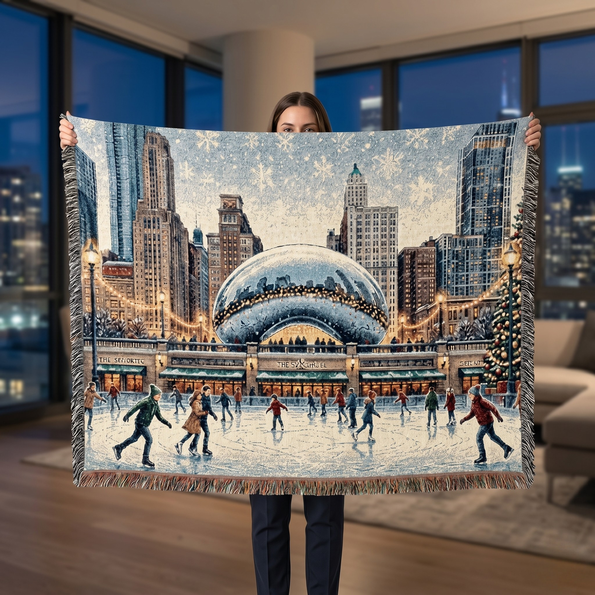 Chicago Ice Skating at Cloud Gate woven throw blanket featuring skaters beneath The Bean and a twinkling winter skyline