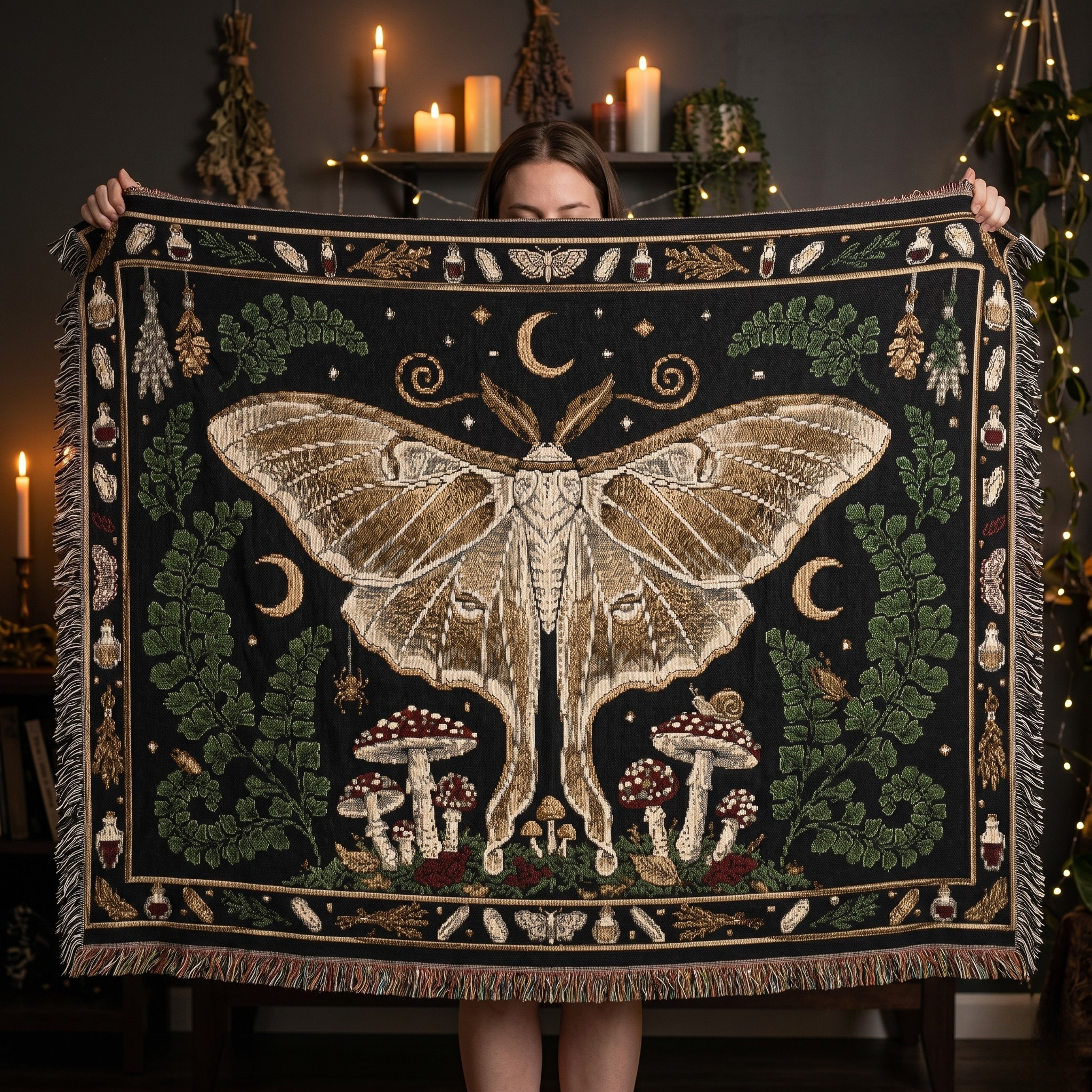 Luna Moth and Mushrooms woven throw blanket featuring a large vintage moth framed by curling foliage and tiny moons — whimsigoth tapestry