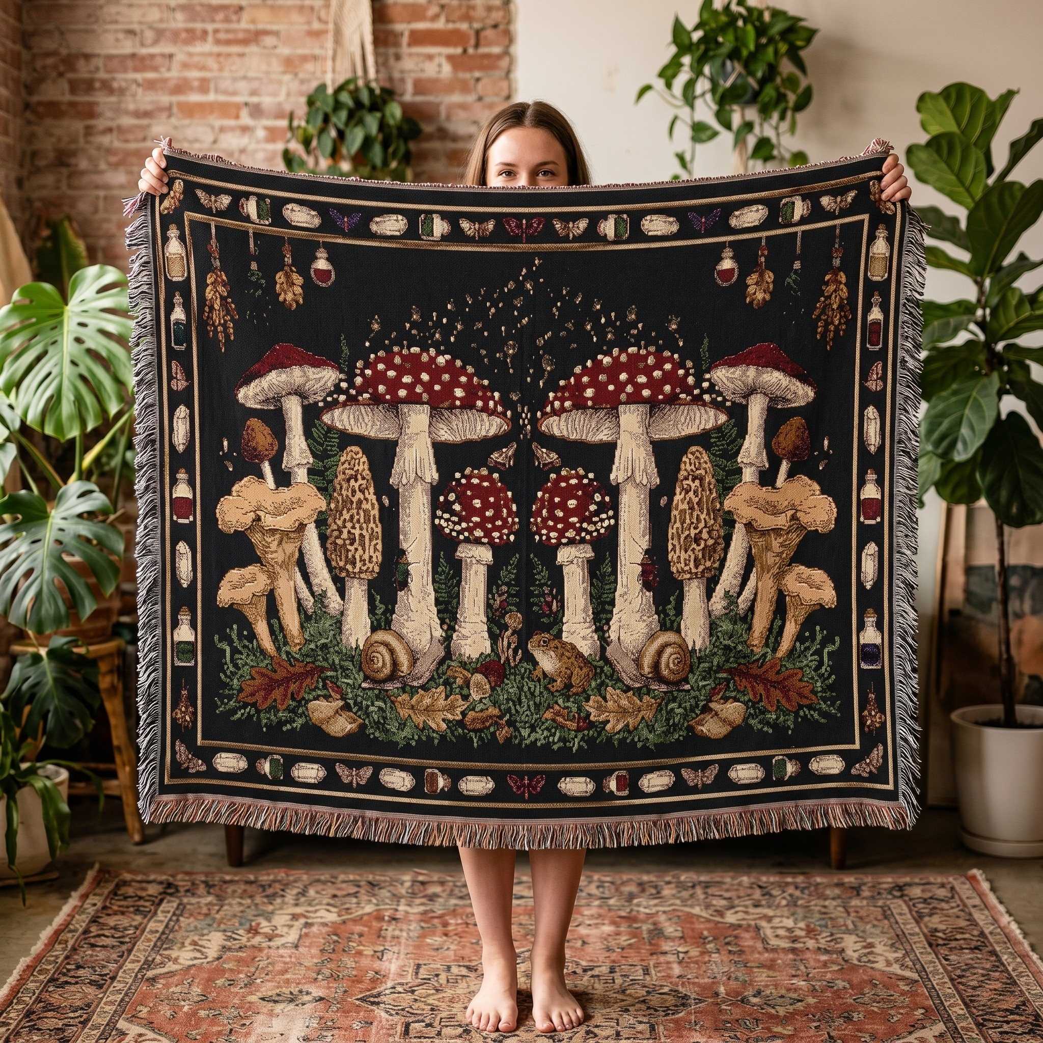 Mushroom tapestry woven throw blanket with woodland toadstools, mossy undergrowth, and tiny lanterns against a star-speckled field