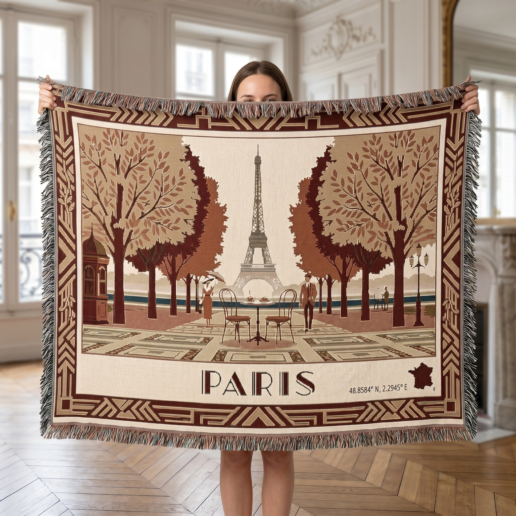 Paris Eiffel Tower woven throw blanket featuring a tree-lined Parisian promenade in a sunlit vintage palette