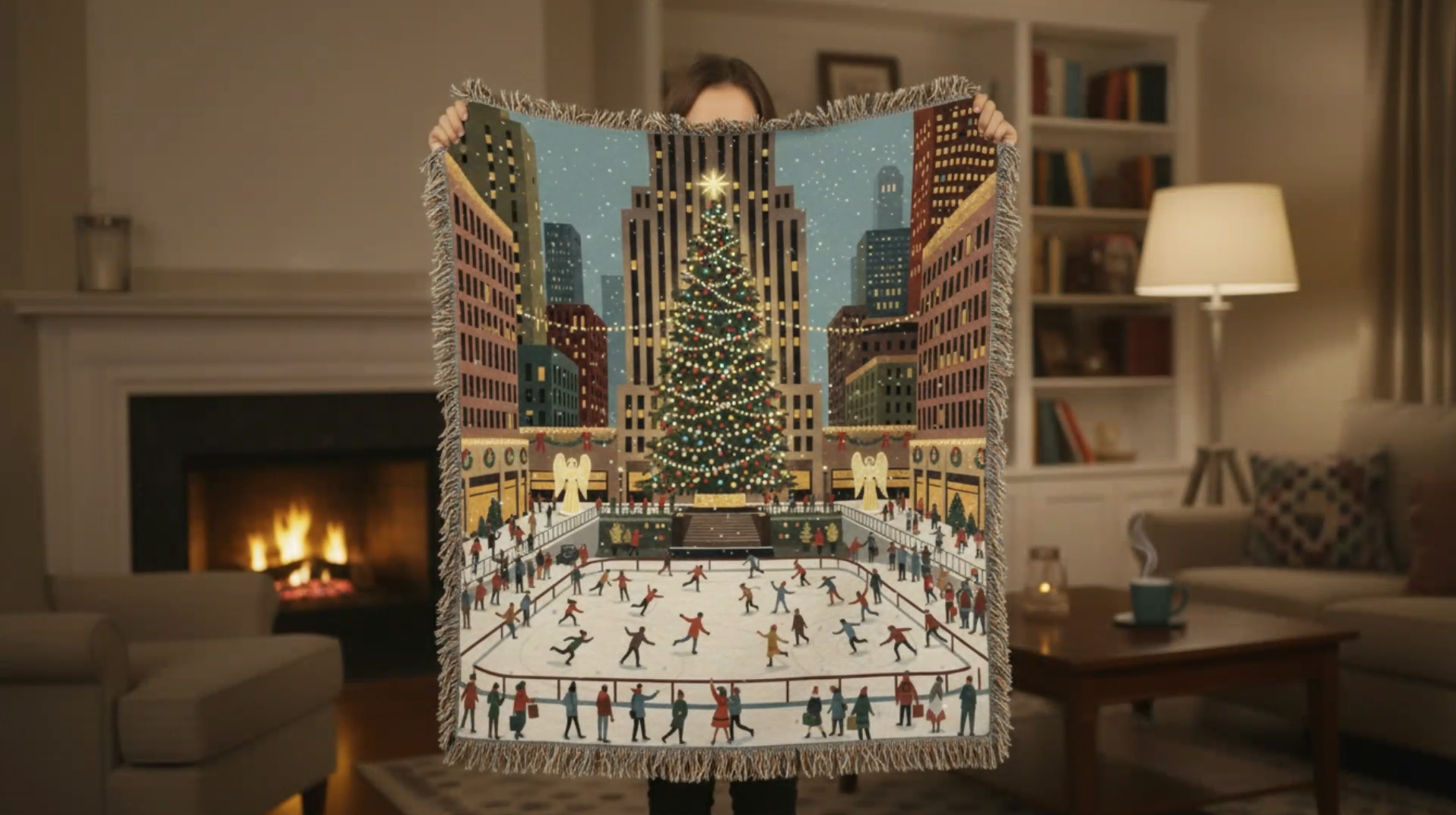 Rockefeller Center Christmas woven throw blanket featuring the tree, skating rink, and NYC skyline at night