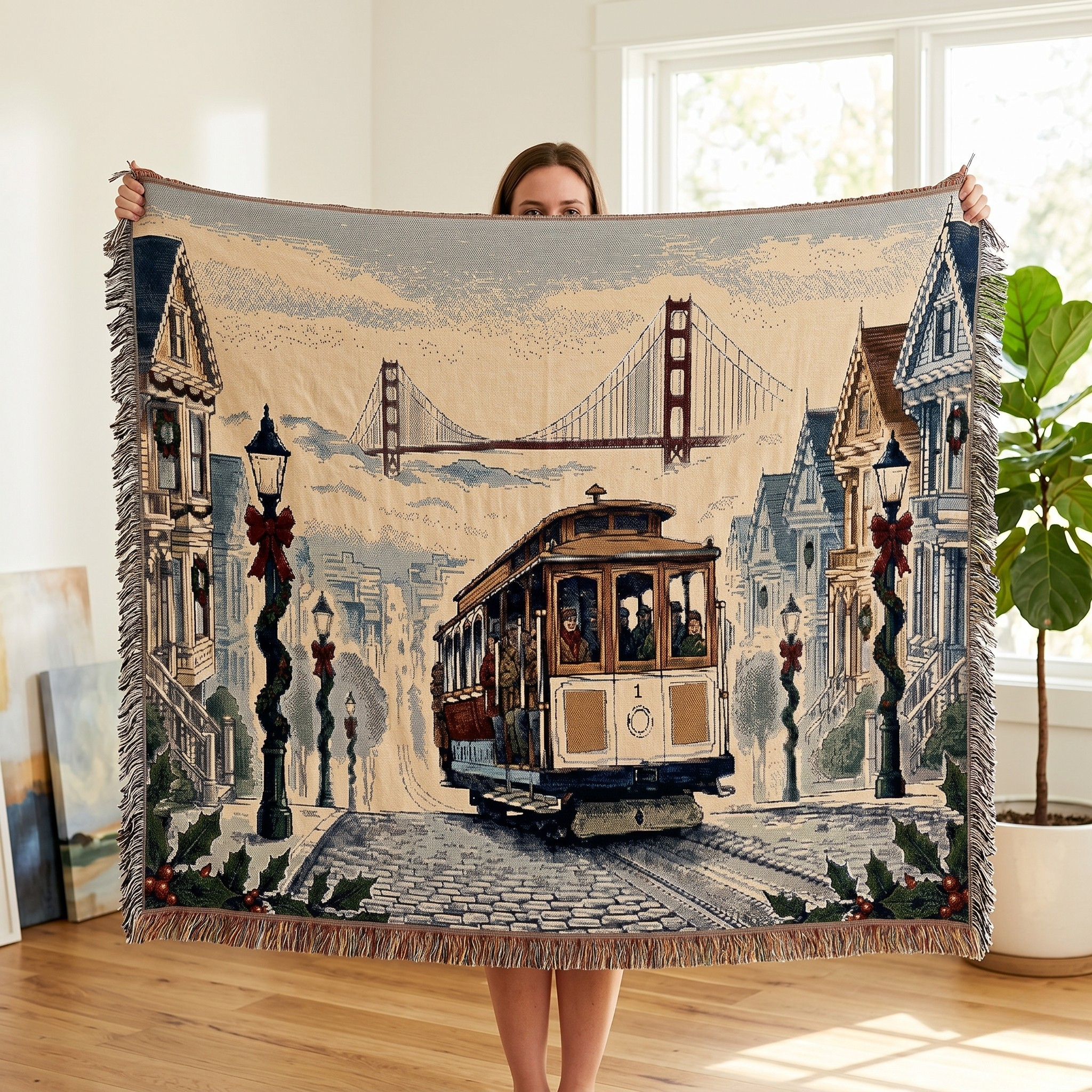 San Francisco cable car woven throw blanket with Victorian facades and the Golden Gate Bridge in a misty winter scene