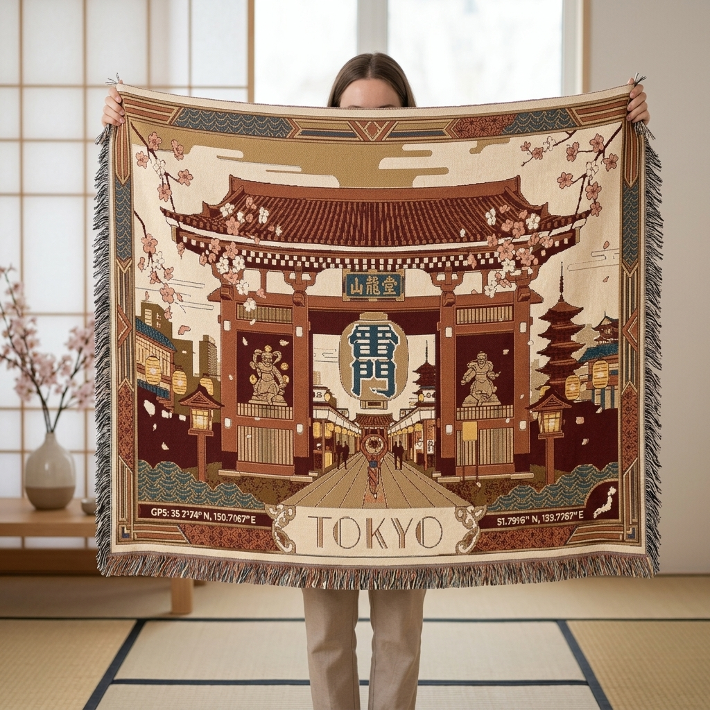 Tokyo Temple illustration woven throw blanket with lanterns, gateways, and pagoda roofs in vintage postcard color blocks